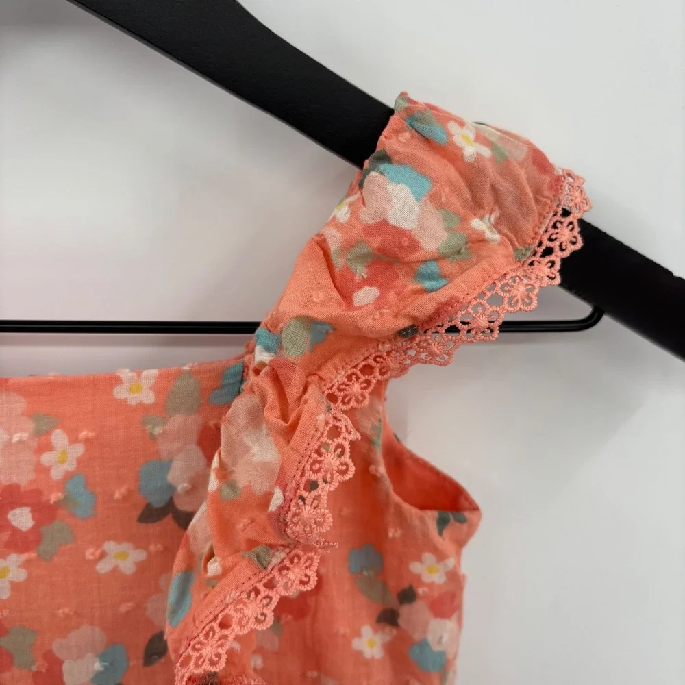 btween Girls Peach Floral Swiss Dot Ruffle Button Front‎ Tiered Dress Size 5